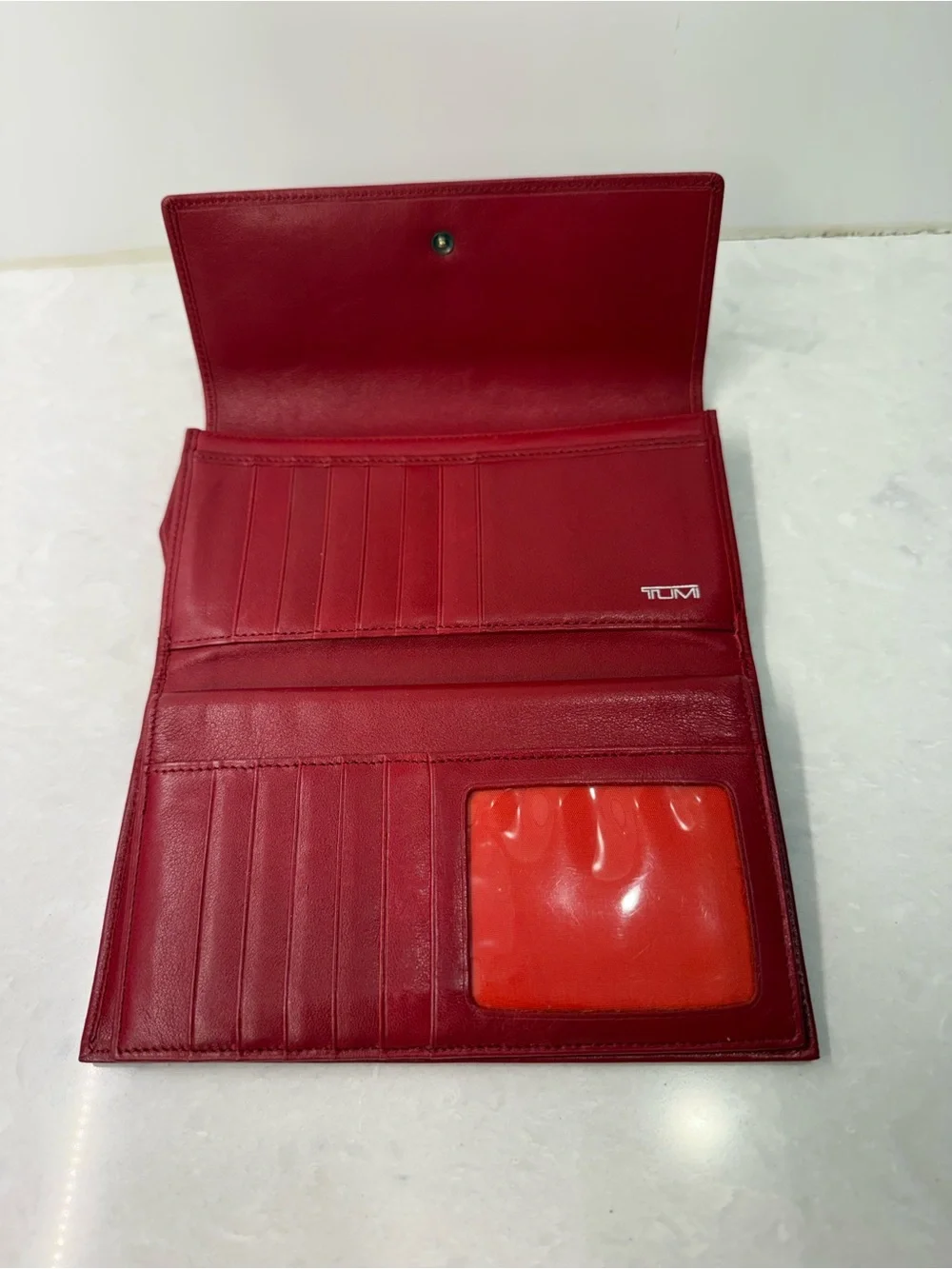 TUMI Red Leather Trifold Wallet w/ Checkbook Holder